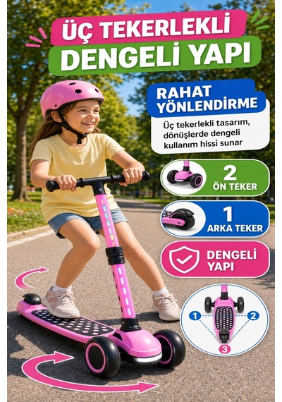 Pembe Speedx Wx-817 Rgb Işıklı Müzikli Çocuk Scooter Ayarlanabilir Alüminyum T-bar Tekerlekli Frenli