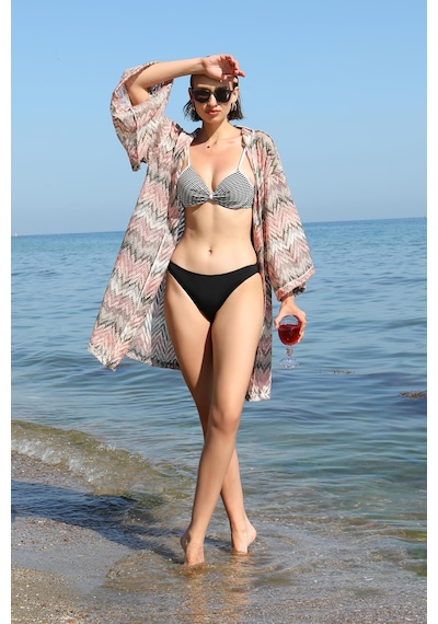 Modi Moda Çizgi Kadın Kimono Pareo Plaj Elbisesi Sütlü Kahve 38040