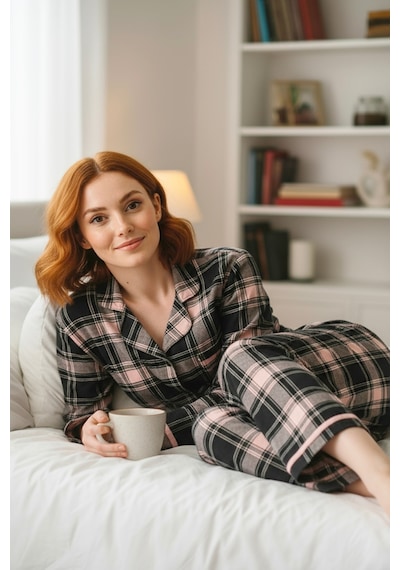 Süet Gömlek Pijama Takımı 7105 Ekoseli Antrasit Antrasit