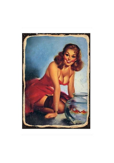Bedeko Kırmızı Balık Ve Pin Up Kızı Dekoratif Ahşap Tablo 25 Cm X 35 Cm