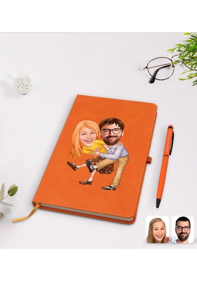 Kişiye Özel Sevgililer Karikatürlü Turuncu Termo Deri Defter Kale N11.2266