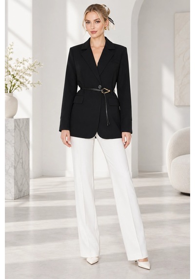Mevese Kadın Astarlı Garni Kol Detaylı Kemerli Blazer Ceket - Kuşaklı Şık Ceket - Siyah