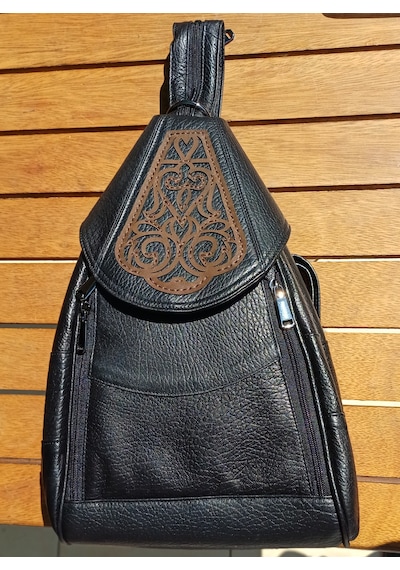 Durush Collection Hakiki Deri, Tasarım El İşlemesi Siyah Sırt Çantası Siyah-kahve