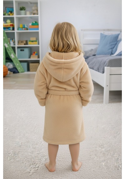 Luna Soft Kız / Erkek Çocuk Kapşonlu Pamuklu Bornoz Peluş Sabahlık 5/6 Yaş Bej