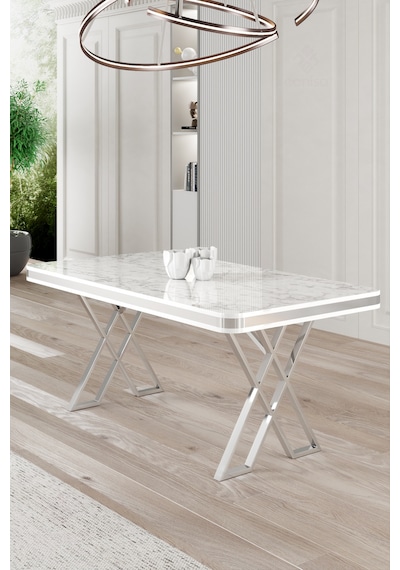 Raja Serisi 80x130 Lak Panel Sabit Masa Mutfak Masası Beyaz Mermer Masa