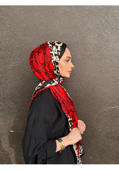 Miorel Scarfs Leopar Tema Cd Tema Vual İpek Şal Aksesuar Fular Silk Scarfs Shawl Hijab Fuşya - Kırmızı