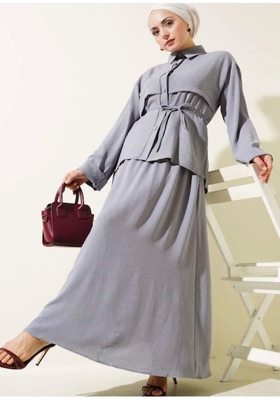 Lovie Moda Kadın Parça Detaylı Etekli Takım Gri