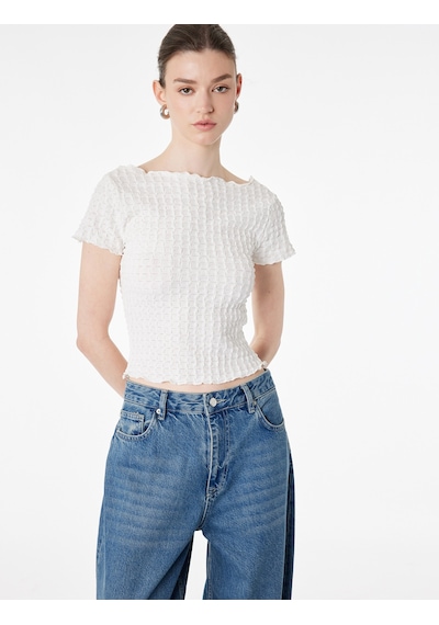 Koton Bürümcük Kumaş Slim Fit Kısa Kollu Omzu Açık Kayık Yaka Bluz Ekru 6sak10364ek