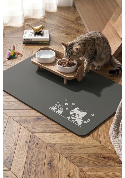 Matgo Pati Mama Çeken Kedi Gri Renk Beslenme Matı Kaymaz Sıvı Geçirmez Kedi Köpek Mama Paspası 50x70cm
