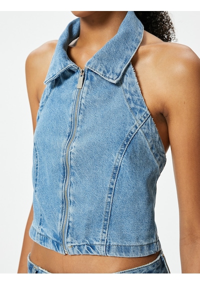 Koton Halter Yaka Denim Crop Top Fermuarlı Sırt Dekolteli Slim Fit Açık İndigo 4sal30034md Açık İndigo Koton Halter Yaka Denim Crop Top Fermuarlı Sırt Dekolteli Slim Fit Açık İndigo 4sal30034md Açık İndigo