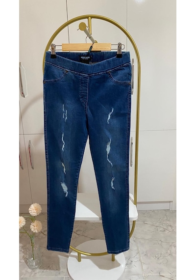 Lazerli Yırtık Denim Tayt Pantolon Açık Lacivert