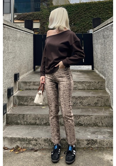 Madmext Kahverengi Kayık Yaka Basic Sweatshirt Mg2228 Kahverengi