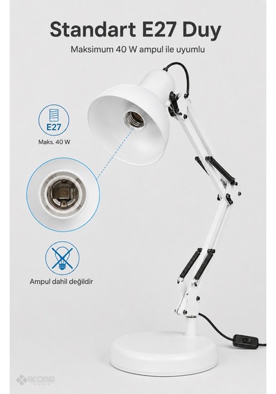 Metal Akrobat Masa Lambası Yaylı 360 Ayarlanabilir E27 Beyaz