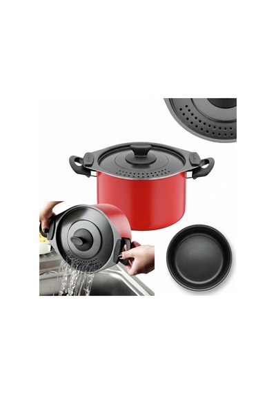 Redio Akıllı Makarna Ve Mantı Tenceresi - Kendinden Süzgeçli Kapaklı, Yanmaz Yapışmaz Kırmızı Derin Tencere, 20 Cm, 4 Litre Kapasiteli