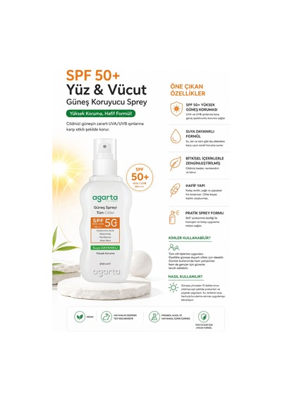 Agarta SPF 50+200 ML Yüz Ve Vücut Güneş Spreyi