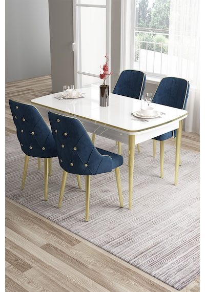 Canisa Tia Serisi 80x132 Açılabilir Mdf Mutfak Masası Takımı Beyaz Masa Gold Detay 4 Lacivert Sandalye Masa Beyaz Sandalye Lacivert Canisa Tia Serisi 80x132 Açılabilir Mdf Mutfak Masası Takımı Beyaz Masa Gold Detay 4 Lacivert Sandalye Masa Beyaz Sandalye Lacivert
