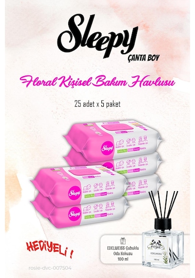 Sleepy Floral 25'li Kişisel Bakım Havlusu 5 Paket ve Rosıe Koku Tekli