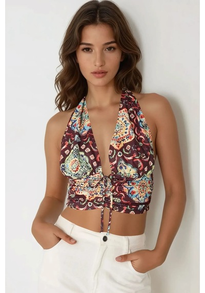 Hiccup Etnik Desenli Kısa Tank Top Çok Renkli