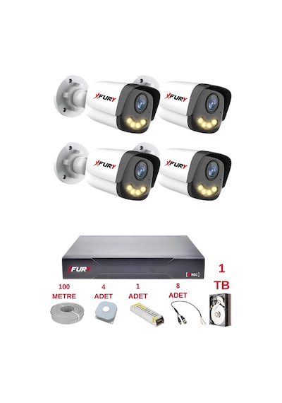 Fury 4 Kameralı 4 Warm Led Gece Renkli Görüş-cepten İzle-su Geçirmez Güvenlik Kamerası Seti 1tb