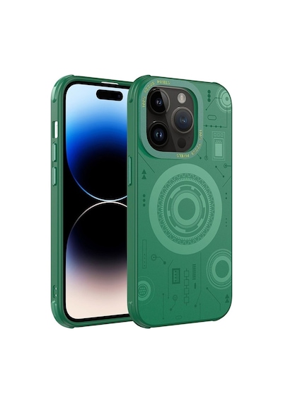 Apple Uyumlu iPhone 14 Pro Max Kılıf Zore Wireless Şarj Özellikli Desenli Hot Kapak Koyu Yeşil