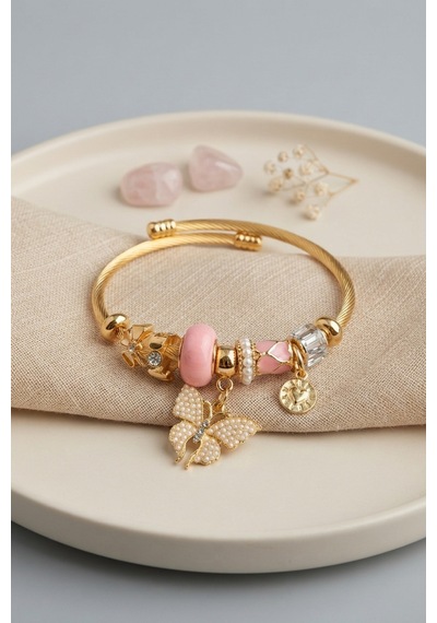 Pembe Kelebek Model Gold Renk Charmlı Bileklik 6421835