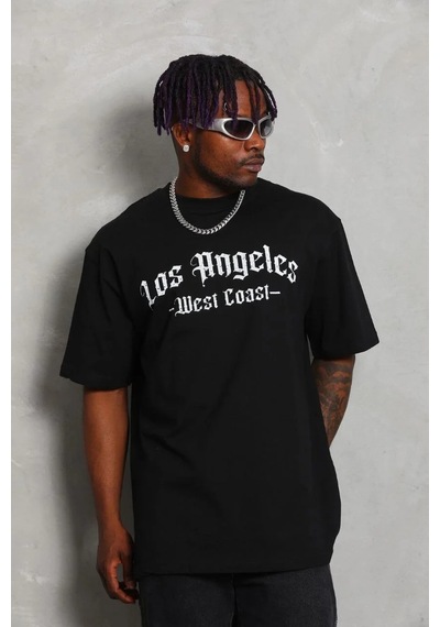 Erkek Oversize Baskılı Bisiklet Yaka Kısa Kol T-shirt - Siyah Siyah