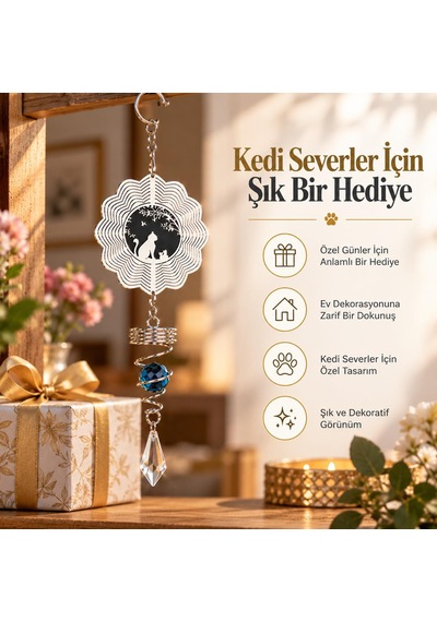 Kedi Desenli Rüzgar Çanı 36 Cm Metal Kristal Sarkıtlı Dekoratif Balkon Bahçe Asma Süsü