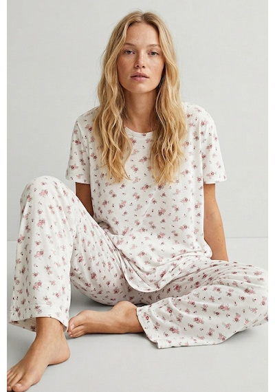 Siyah İnci İnce Soft Örme Mevsimlik Pijama Takımı 8003 Pembe Bordo Çiçek