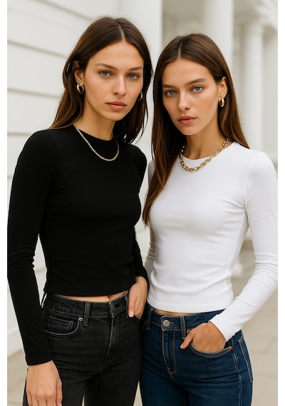 Rich Kadın Siyah-beyaz 2'li Paket Bisiklet Yaka Esnek Kumaşlı Vücuda Oturan Slim Fit Uzun Kollu Crop Body Beyaz - Siyah