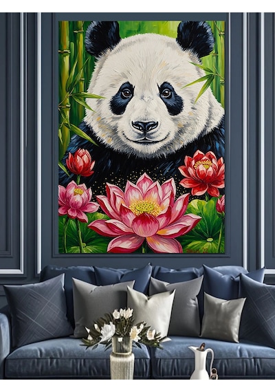Karizma Tablo Nilüfer Çiçeğinde Panda Ayı Dekoratif Kanvas - Mdf Ahşap Tablo