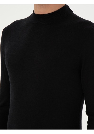 Cacharel Siyah Slim Fit Kaşmir İpek Karışımlı Çeyrek Balıkçı Yaka Triko Kazak