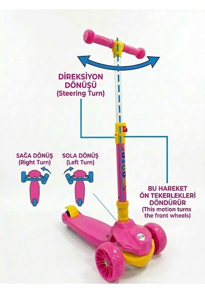 Müzikli, Işıklı 4 Kademe Boy Ayarlanabilir Çocuk Scooter 100 Kg Taşıma Kapasiteli Pembe