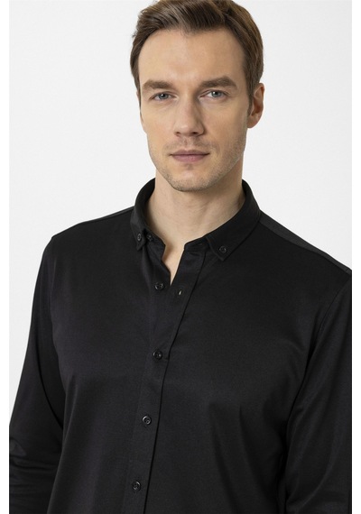 Süvari Siyah Slim Fit Armürlü Düğmeli Yaka Gömlek-34588 Siyah