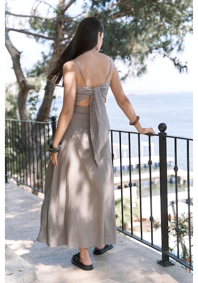 Mai Collection Mai Studios Co. Kita Üçgen Detay Çizgili Vizon Keten Crop Vizon