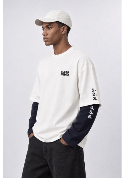 Respire Erkek Double Sleeve Oversize Sweatshirt Ekru