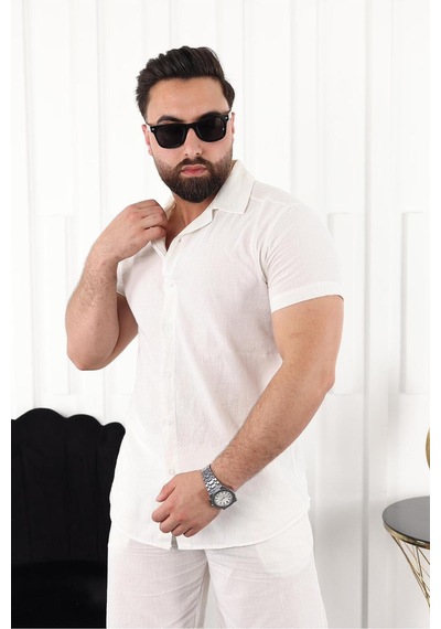 Mcz Giyim Keten Erkek Kısa Kollu Slim Kesim Gömlek Yaka Ekru Pamuk Gömlek Ve Boru Paça Şort Alt Üst Takım