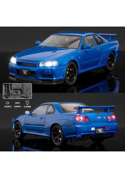 Nissan Skyline Gtr R34 Fast And Furious 1:24 Mavi Diecast Metal Araba Koleksiyon Sesli Işıklı