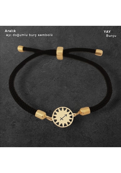 Aralık Ayı Doğumlarına 14 Ayar Altın Plakalı Güneş Figürlü Örgü İpli Hediye Bileklik-321ay-siyah Altın