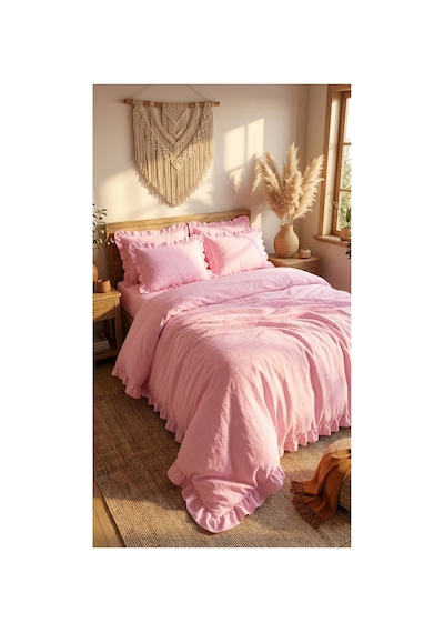 4 Parça Lastikli Çarşaflı Pamuklu Kumaş Fırfırlı Çift Kişilik Nevresim Takımı Pembe - 725706345 Pembe