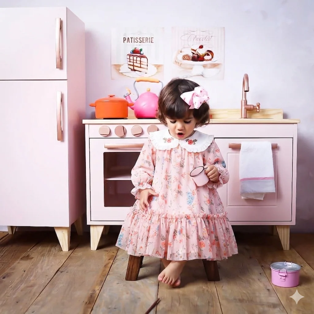 Momercy Yakası Çiçek Nakışlı Çıtır Çiçekli Kız Bebek Elbise Pembe