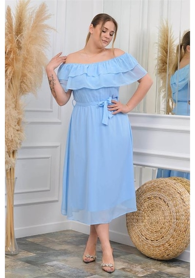 Dip Moda Kadın Şifon Kuşaklı Büyük Beden Elbise Dpnb8061 Bebe Mavisi Bebek Mavisi