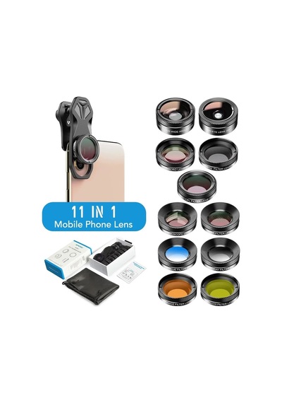 Apexel 11'i 1 Arada Cep Telefonu iPhone Uyumlu & Android İçin Akıllı Telefon Lens Kiti Siyah