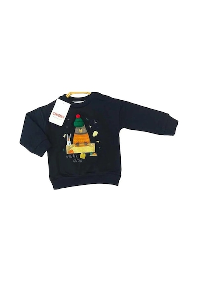 Çikoby Bebek Örgü Şapkalı Ayı Baskılı Sweatshirt-13519 Siyah
