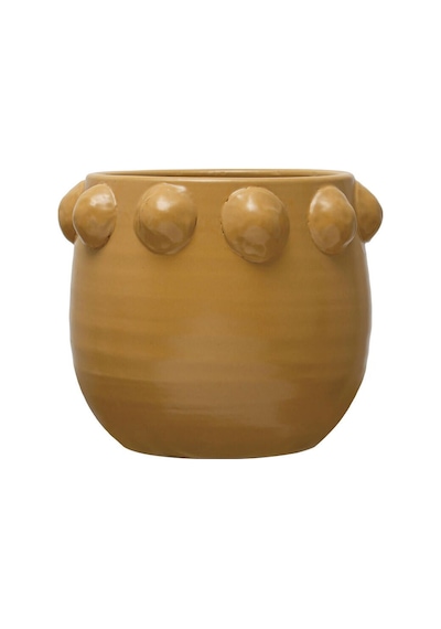 El Yapımı Sarı Noktalı Kabartmalı Terra Cotta Saksı