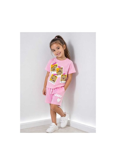 Bubiee Baby Kız Çocuk Pembe Pamuklu Capybara Baskılı Cepsiz T-shirt Ve Şort Alt Üst Takım