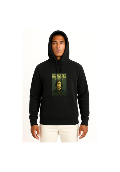 Bahriyeli Collection Kapüşonlu No Country For Old Men Göğüs Tasarımlı Unisex Sweatshirt Siyah