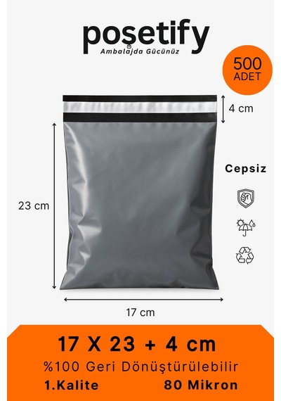 Gri Cepsiz Kargo Poşeti 17x23+4 Cm Yapışkan Bantlı Kargo Zarfı 500 Lü E-ticaret Poşeti