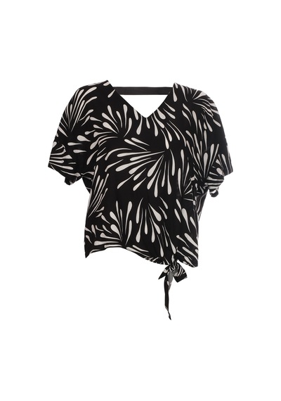 Ysatis Oversize V Yaka Kısa Kol Crop Bluz - Yazlık Siyah