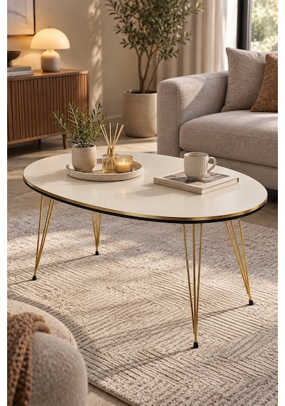 Sulorahome Orta Sehpa Elips Formunda Krem Ve Gold Detaylı Beyaz - Altın