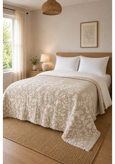 Bloomy Müslin Yatak Örtüsü Pike Çift Kişilik Yumuşak Dokulu Nefes Alan 4 Mevsim Örtü 230x250 Çeyiz&günlük Bej